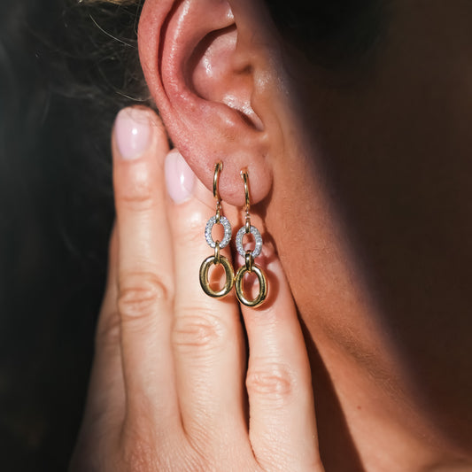 Puffed Mariner Dangle Earrings with Diamonds Two Tone Gold