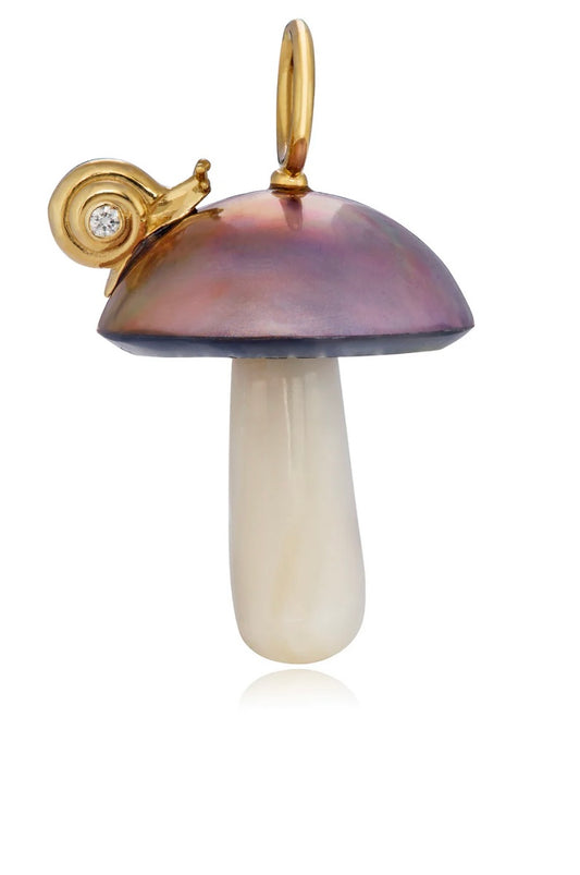 Pinkish-Copper Mushroom Necklace Charm with Gold Snail