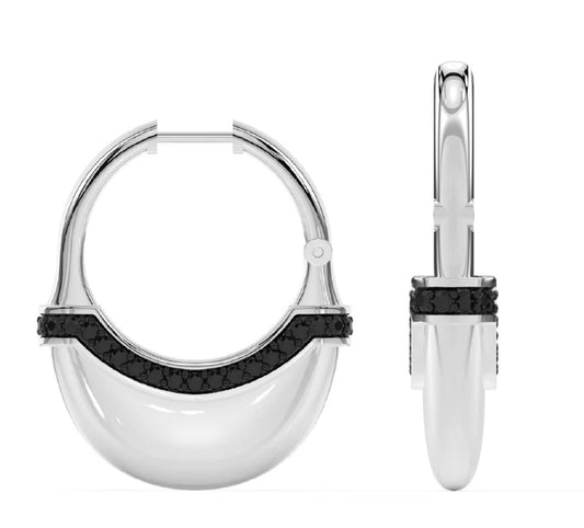 Large Luna Hoops Black Diamond Line & Silver