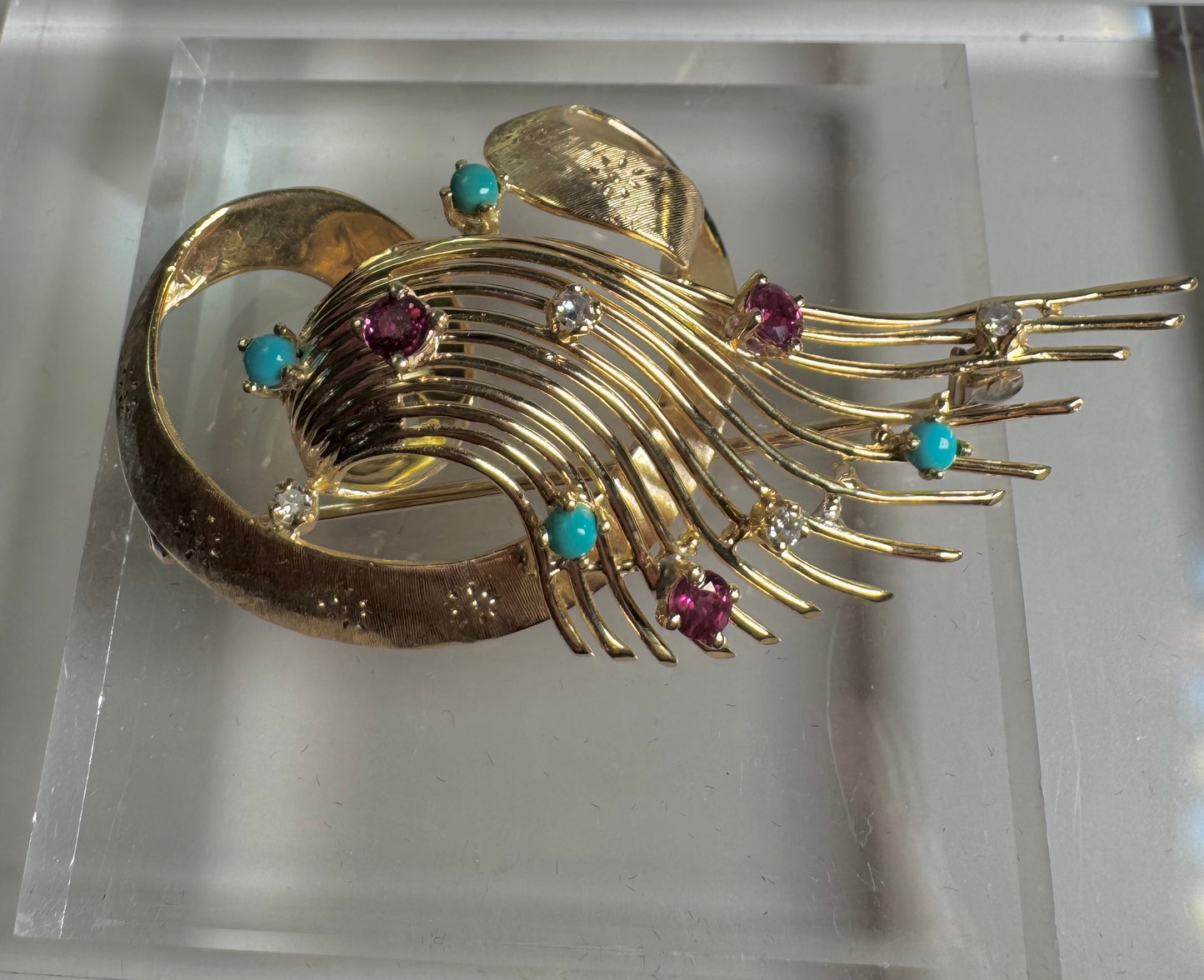 Vintage Pin Diamonds, Turquoise & Garnet 18k Gold