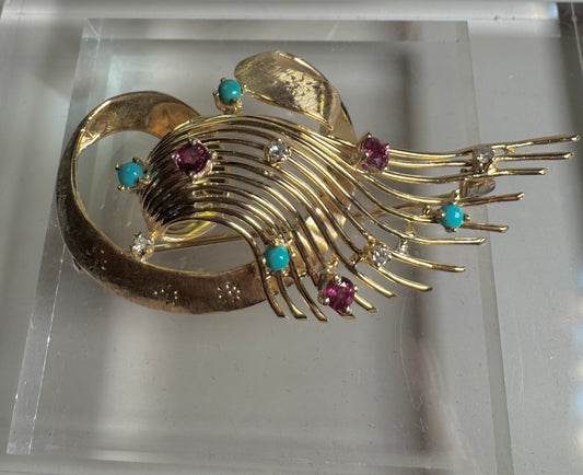 Vintage Pin Diamonds, Turquoise & Garnet 18k Gold