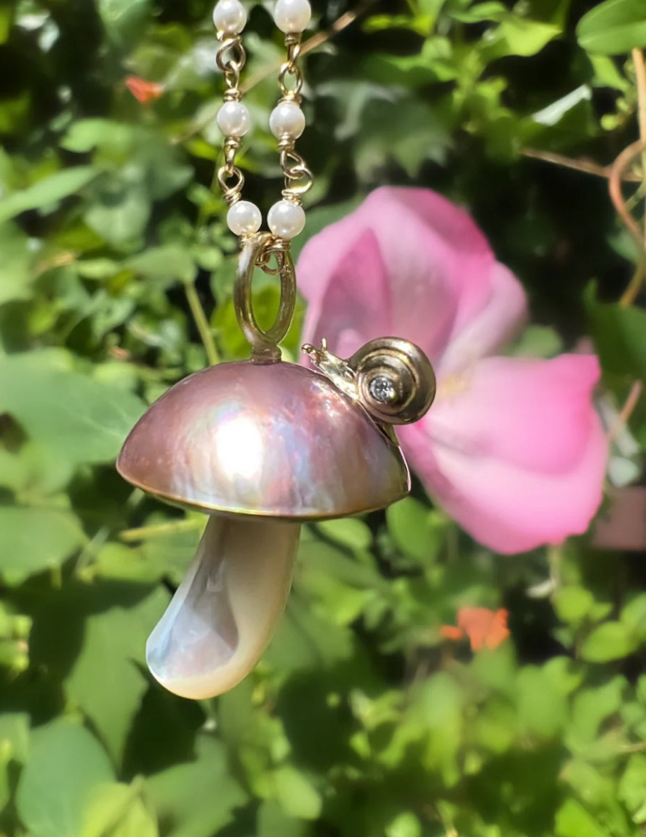 Pinkish-Copper Mushroom Necklace Charm with Gold Snail