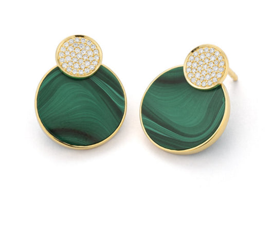 Malachite & Diamond Earrings Yellow Gold Bezel