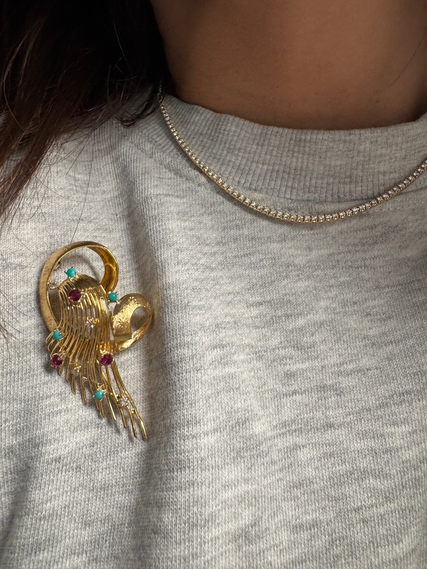 Vintage Pin Diamonds, Turquoise & Garnet 18k Gold
